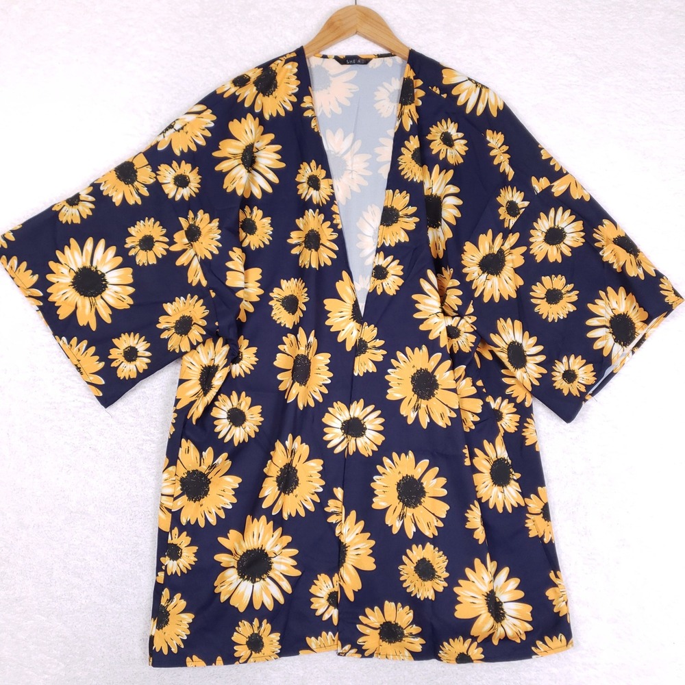 SHEIN Kimono Cardigan‎ Womens L Sunflower Floral Open Front Boho Layering Navy